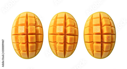 Three halved mangoes with grid cut pattern isolated on transparent background