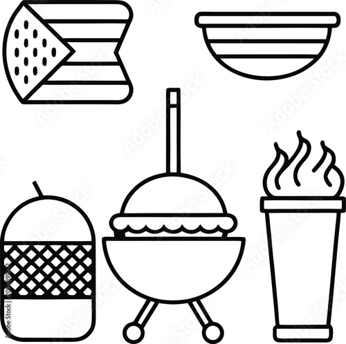Summer barbecue and outdoor picnic icons collection in line art.