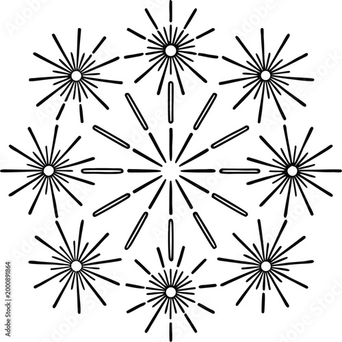 Bursting fireworks display icon set for celebration and festivals.