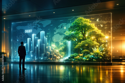 Debt-to-nature swaps holographic display transforming sovereign debt pillars into bioluminescent forest ecosystem with world map climate finance IMF World Bank sustainability