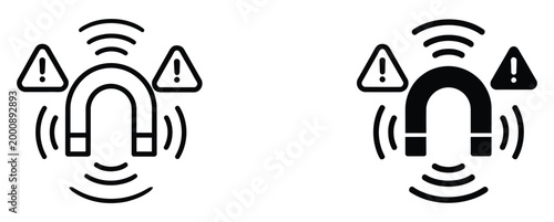 Magnet with warning sign and magnetic field waves, line and solid icons, modern flat and outline style icons for electromagnetic fields