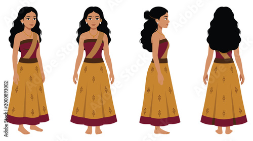 Indian woman character turn around set for animation in traditional.