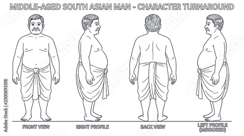 Middle aged south asian man character turnaround showing body profile.