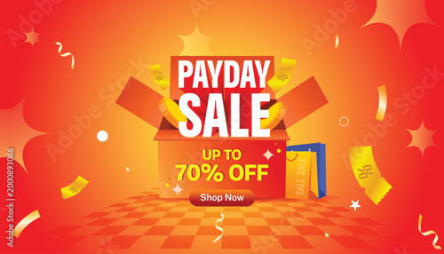 Payday Sale banner with a gift box, gold coins, and shopping bags on an orange-red gradient background. Ideal for e-commerce promotions and sales campaigns.