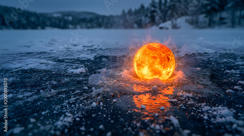 Glowing orb on icy surface in a winter landscape.