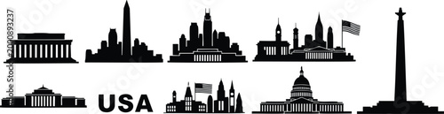 American landmark city skyline silhouette illustration vector set for national holidays usa.