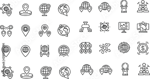 Global navigation and location line icons vector set featuring maps, pins, globe, logistics and tracking symbols, minimal outline design collection for business and technology