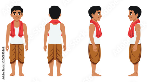 Man in dhoti shirt and towel front back and side view.