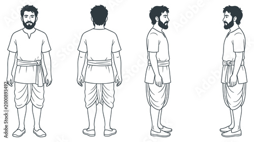 Man in kurta dhoti front back and side view.