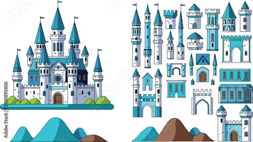 Billede på lærred Fantasy castle vector set featuring medieval towers, fortress buildings and arch