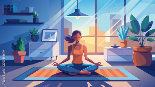 A serene woman practicing yoga in a sunlit, minimalist modern living room, soft morning light, high resolution, photorealistic, 8k, cinematic lighting, peaceful atmosphere.