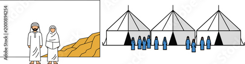 Refugee camp and migration vector illustration with tents and people in desert landscape, humanitarian crisis and displacement concept isolated on white background