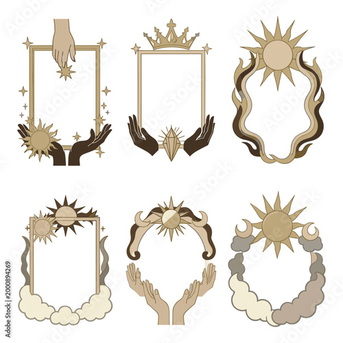 Mystical frame collection with hands sun moon and cloud illustrations.