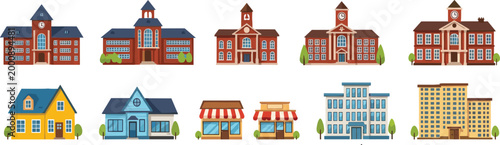 Billede på lærred School, houses and commercial buildings vector set featuring city architecture,