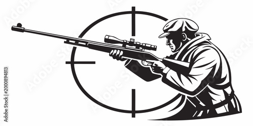 Obraz na płótnie Side view illustration of a sniper focusing through a scope at a target with mil
