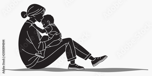 Cuadro en lienzo Silhouette illustration of a mother hugging her child sitting on the ground with