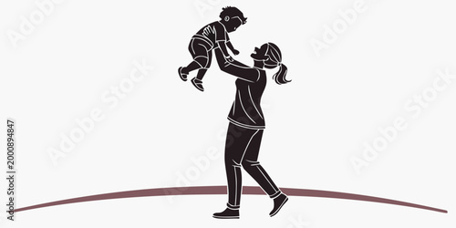 Photos Silhouette illustration of a joyful mother lifting her child high with silhouett