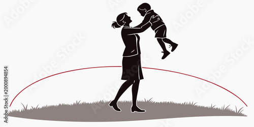 Картината върху платно Silhouette illustration of a mother playing and lifting her young child with sil
