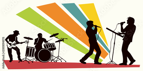 Cuadro en lienzo Musical rock band silhouette performing on stage with colorful retro background
