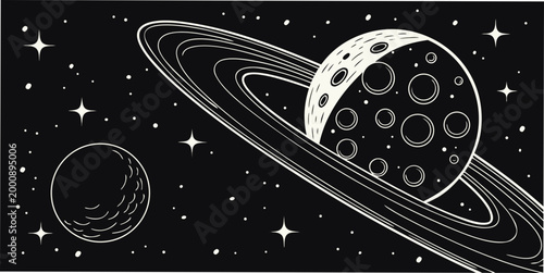 Tableau sur toile Graphic illustration of a planet with rings and a small moon in a starry night s