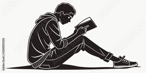 Tableau sur toile Graphic silhouette vector illustration of a young man sitting down and reading a