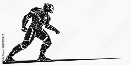 Futuristic cyborg soldier in tactical stance black and white vector illustration with futuristic character illustration technology defensive mechanical silhouette defending protection