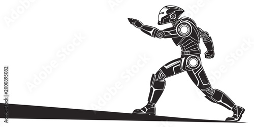 Technological cyborg reaching forward in dynamic with reaching futuristic mechanical character illustration silhouette technology strength monochrome prepared isolated advanced movement