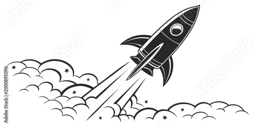 Foto Monochrome graphic illustration of a rocket ship blasting off into space with ex