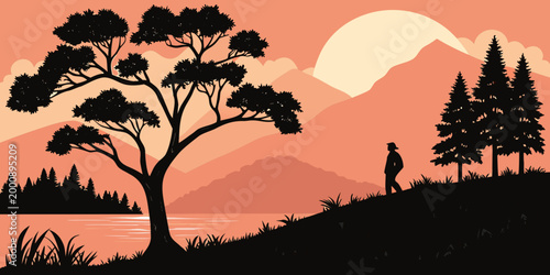 Hiker standing on hilltop overlooking mountain landscape at sunset with mountain landscape silhouette adventure exploration serenity wilderness peaceful panoramic beautiful lifestyle