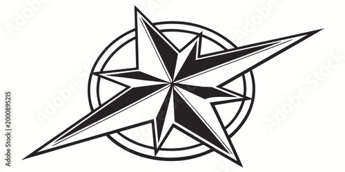 Stylized compass rose star graphic illustration in black and white with navigation direction isolated nautical adventure geometry minimalist branding template creative monochrome abstract