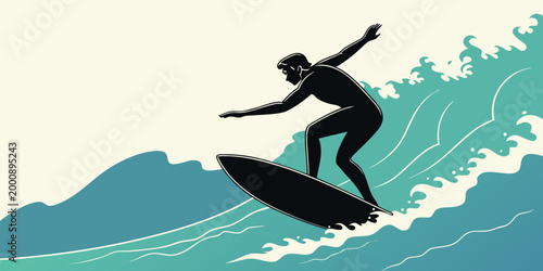 Graphic illustration of a skilled surfer balancing on a surfboard over a turquoise ocean wave with sea spray surf culture wave rider surfboard lifestyle tropical recreation illustration