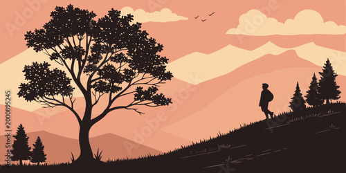 Silhouette illustration of a lone hiker standing on a grassy hill overlooking a vast mountain landscape at sunset with silhouette mountain landscape adventure outdoors backpacker exploration