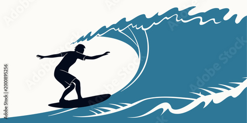 Graphic illustration of a surfer riding the barrel of a large crashing ocean wave with wave rider surf culture sea spray surfboard lifestyle tropical recreation illustration silhouette