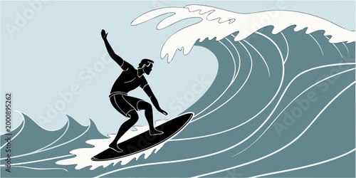 Minimalist graphic art of a man surfing on a large ocean wave with a hand raised wave riding surf culture sea water surfboard lifestyle tropical recreation illustration silhouette adventure