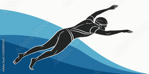 Professional male swimmer swimming freestyle stroke in blue water graphic illustration with water sport swimming pool swimmer silhouette swimming cap swimmer icon water splash blue background