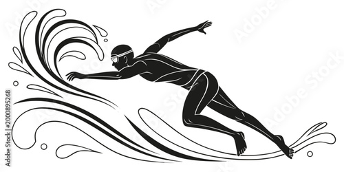 Black silhouette graphic of a male swimmer performing a freestyle stroke with swimming cap swimming pool water sport swimmer icon water splash water element speed swimming silhouette