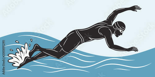 Graphic illustration of a male swimmer performing a powerful freestyle stroke with swimming cap swimming pool water sport swimmer icon water splash water element swimming freestyle silhouette