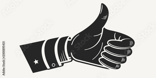 Stylized black and white vector graphic of a thumbs up hand sign with a small star icon approval positive agreement business illustration minimalist affirmation feedback excellent expression