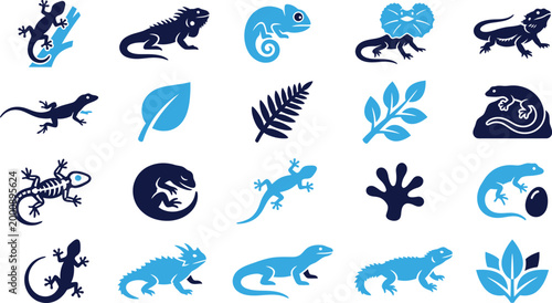 Set of colorful lizard and reptile icons with leaves and branches on white background vector.