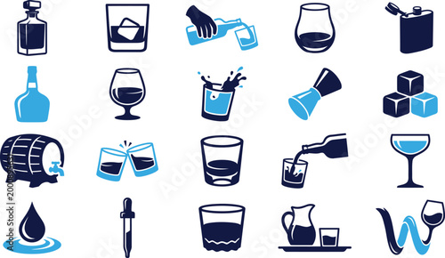 Collection of blue and navy drink icons with bottles glasses and barrels on white background.