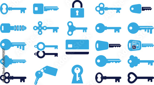 Collection of blue and navy key icons with lock and credit card on white background vector.