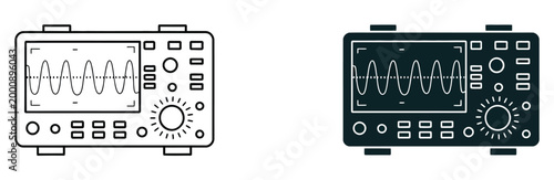Oscilloscope icons in black and white on a pure white background, modern outline style collection representing electronic measurement tools