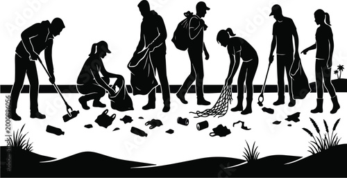 Diverse group of dedicated volunteers cleaning up trash and collecting plastic waste from the beach in this high quality black and white silhouette vector graphic illustration featuring environmental 
