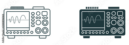 Oscilloscope icons in black and white on a pure white background, clean vector illustration set of waveform display devices