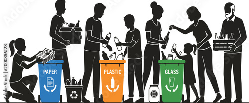 Diverse group of people including men women and children engaging in the process of recycling various materials into designated bins representing paper plastic and glass on transparent background
