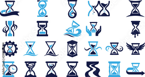 Set of hourglass icons in blue and dark navy representing time passing and urgency in various artistic styles.