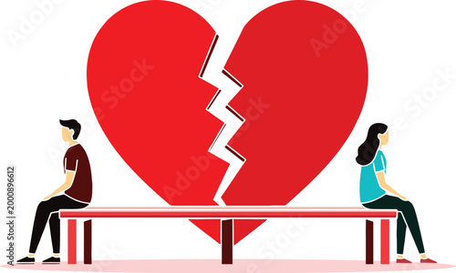 broken heart illustration with couple sitting apart