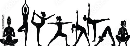 Yoga silhouettes showing women performing various stretching poses and meditative stances for healthy living concepts in a professional vector graphic illustration collection set isolated from the sur