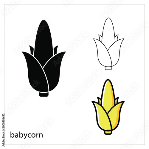 Baby corn isolated vector set. vegetable icon in flat, linear, and color styles.