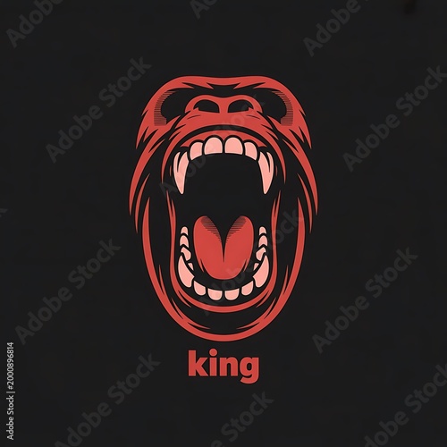 Aggressive red gorilla head with mouth wide open and sharp teeth and the word king below